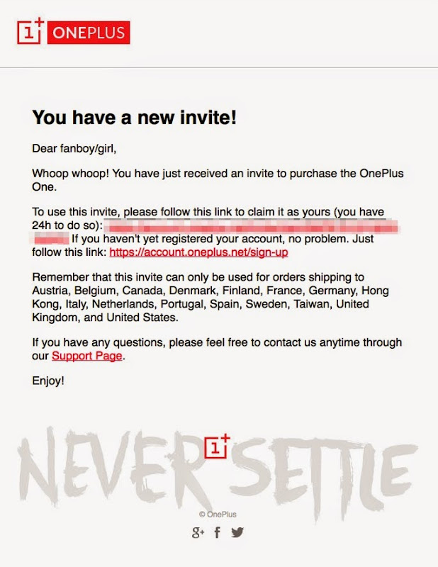 OnePlus Invite email